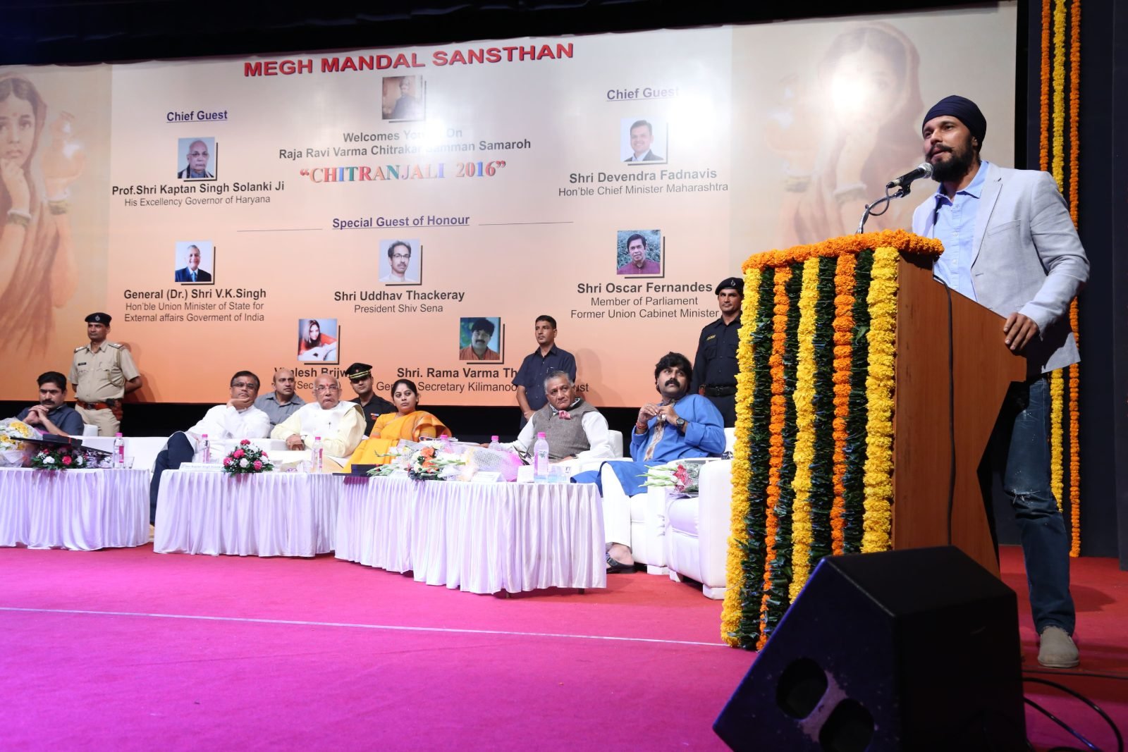 A guest of honour addressing the gathering from the podium at Chitranjali 2016